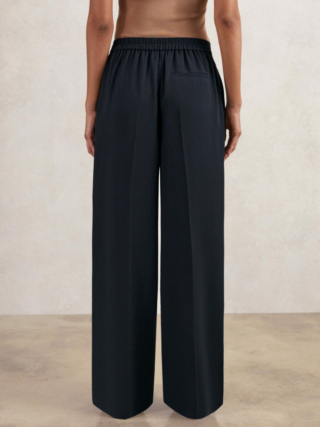 Women Petite Elasticated-Waist Wide-Leg Twill Trousers in Navy