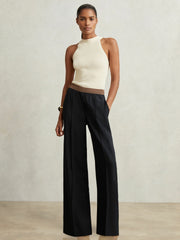 Women Elasticated-Waist Wide-Leg Twill Trousers in Navy