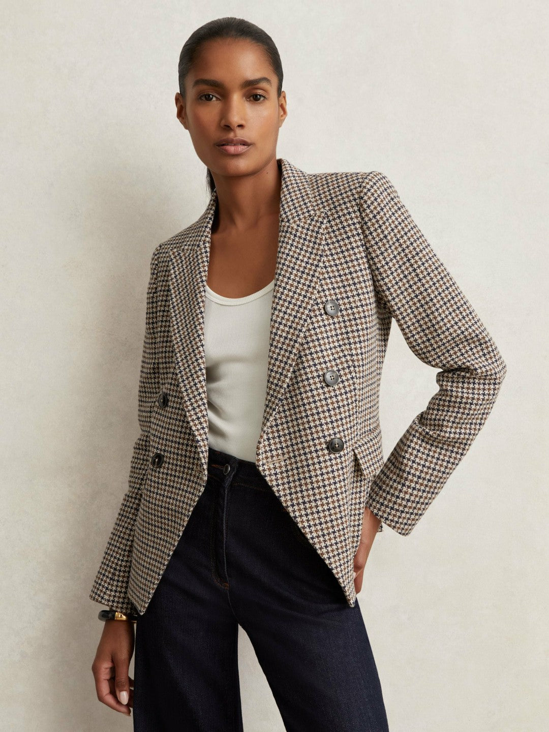 Women Cotton-Linen Double-Breasted Houndstooth-Check Blazer in Navy Neutral Check