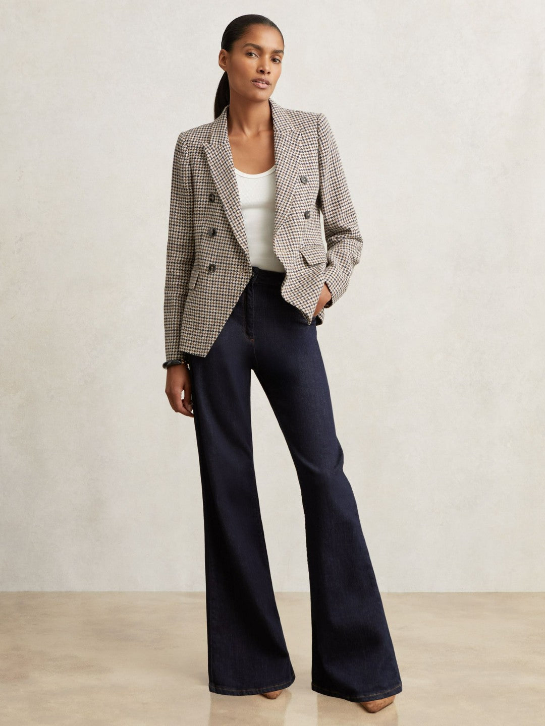 Women Cotton-Linen Double-Breasted Houndstooth-Check Blazer in Navy Neutral Check