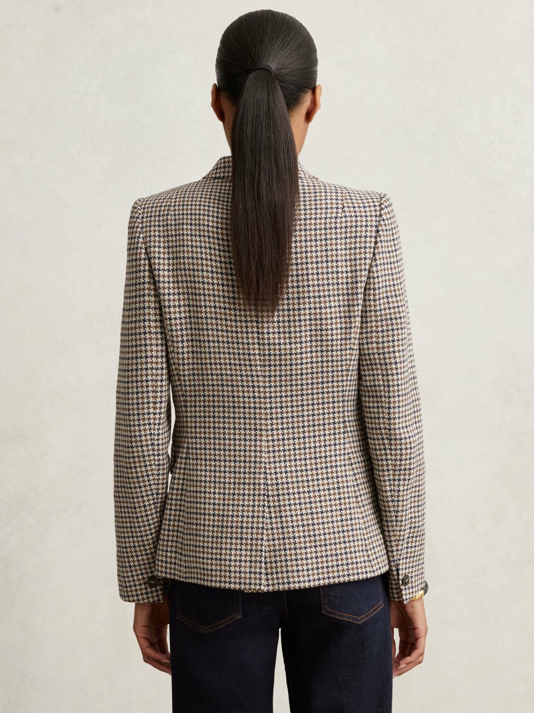 Women Cotton-Linen Double-Breasted Houndstooth-Check Blazer in Navy Neutral Check