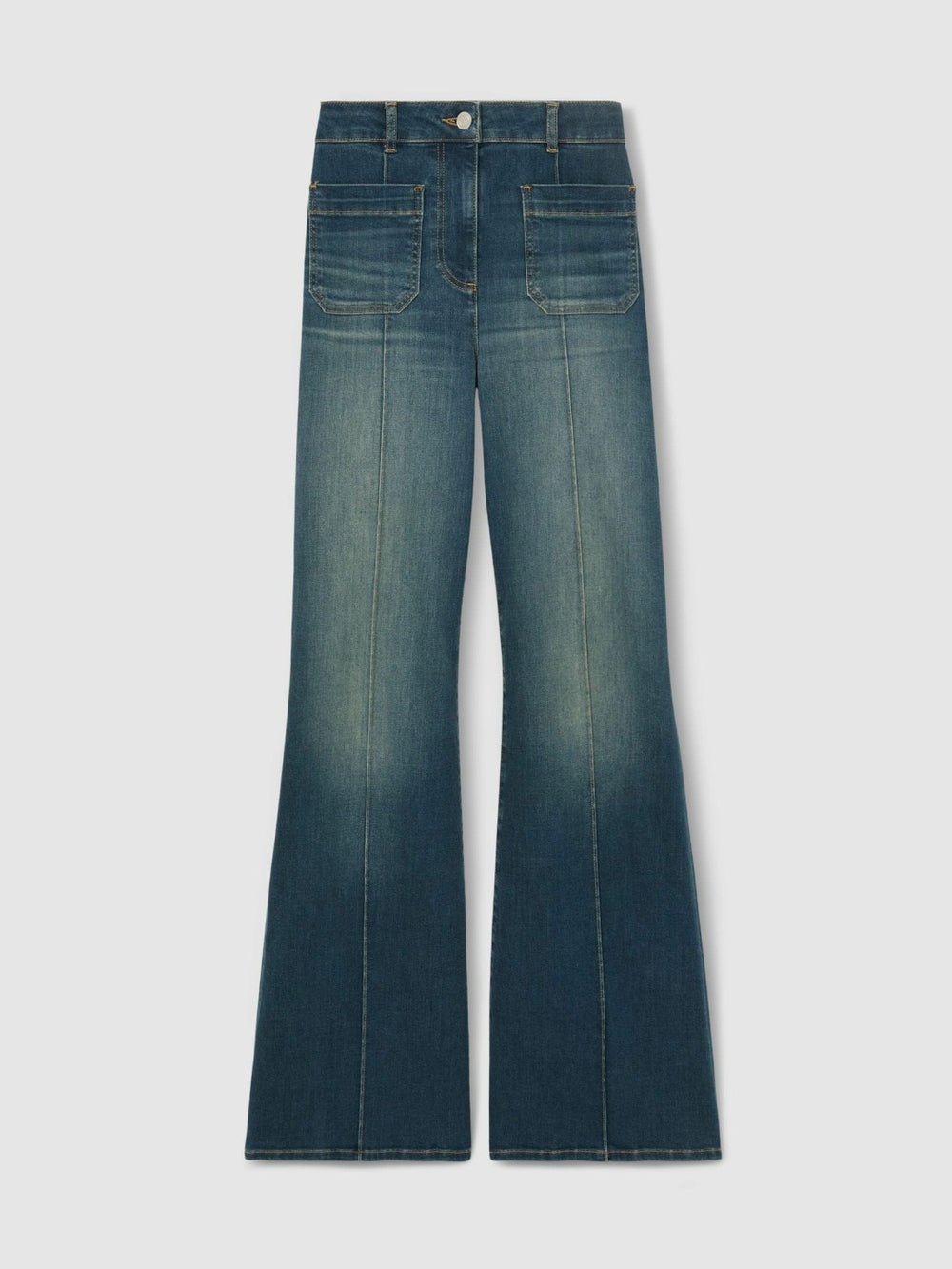 Women Petite Patch-Pocket Flared Jeans in Mid Blue