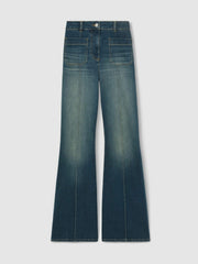 Women Petite Patch-Pocket Flared Jeans in Mid Blue
