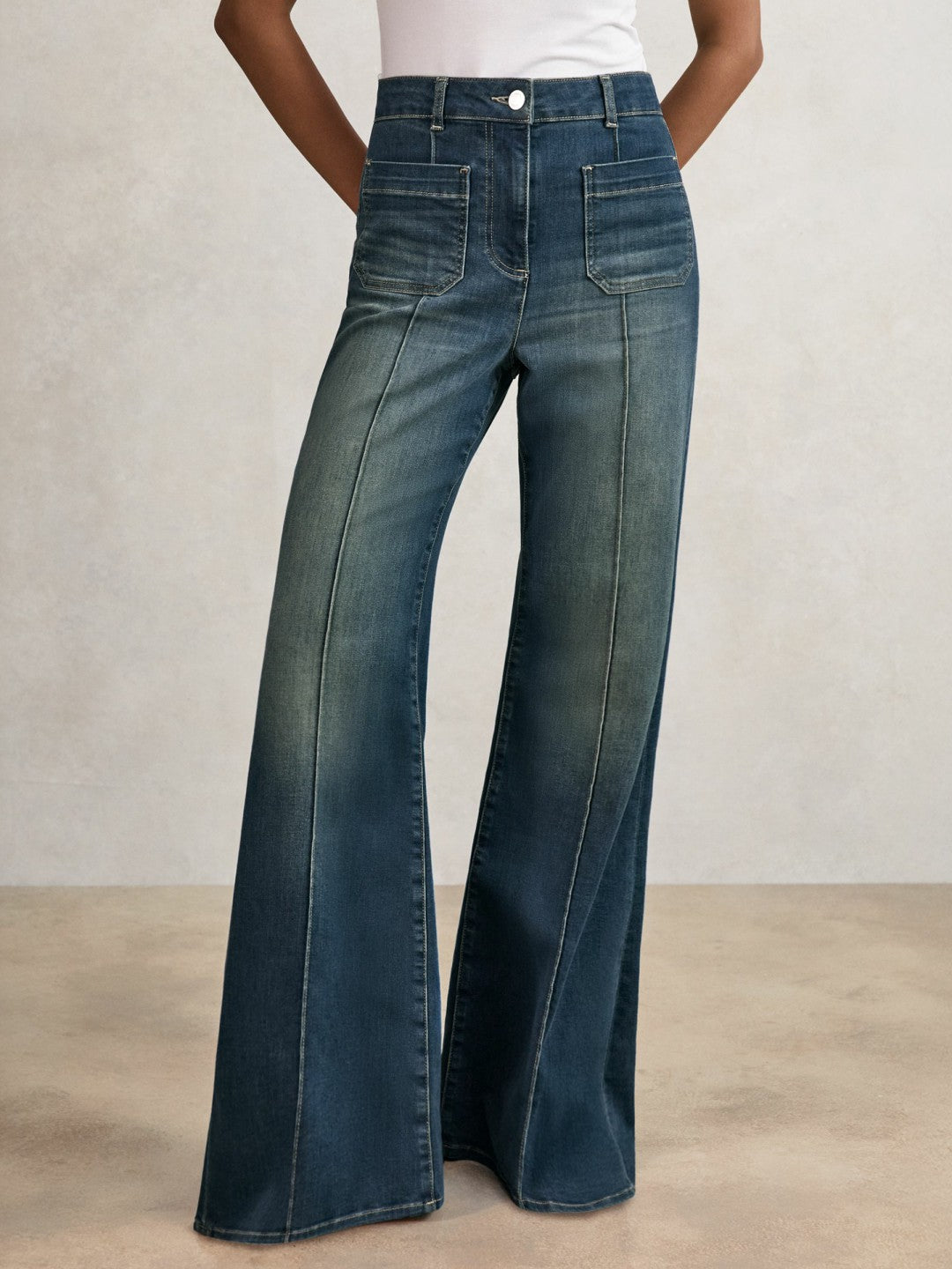 Women Petite Patch-Pocket Flared Jeans in Mid Blue