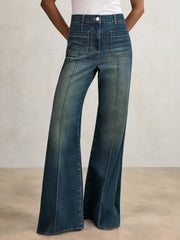 Women Petite Patch-Pocket Flared Jeans in Mid Blue