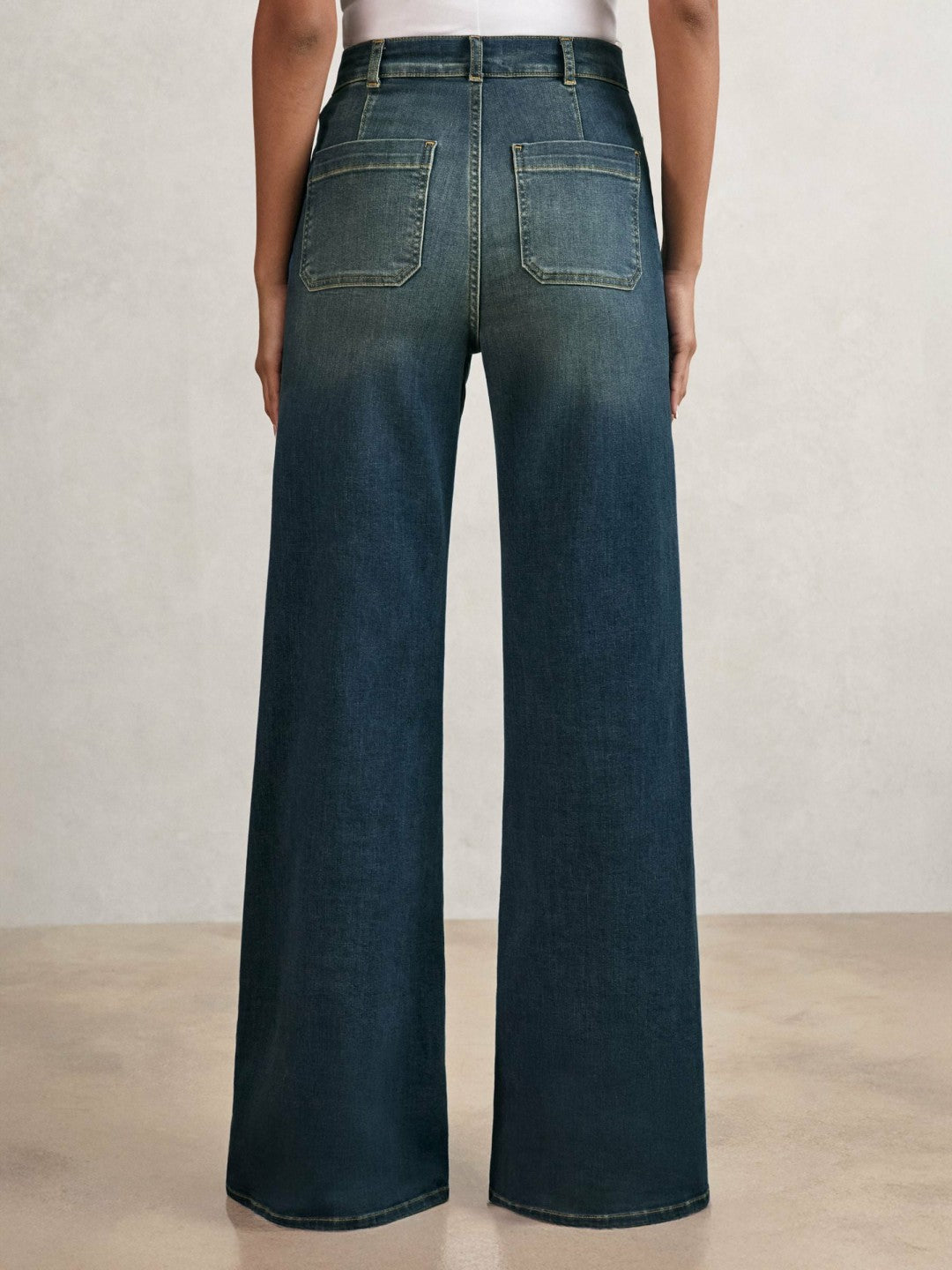 Women Petite Patch-Pocket Flared Jeans in Mid Blue