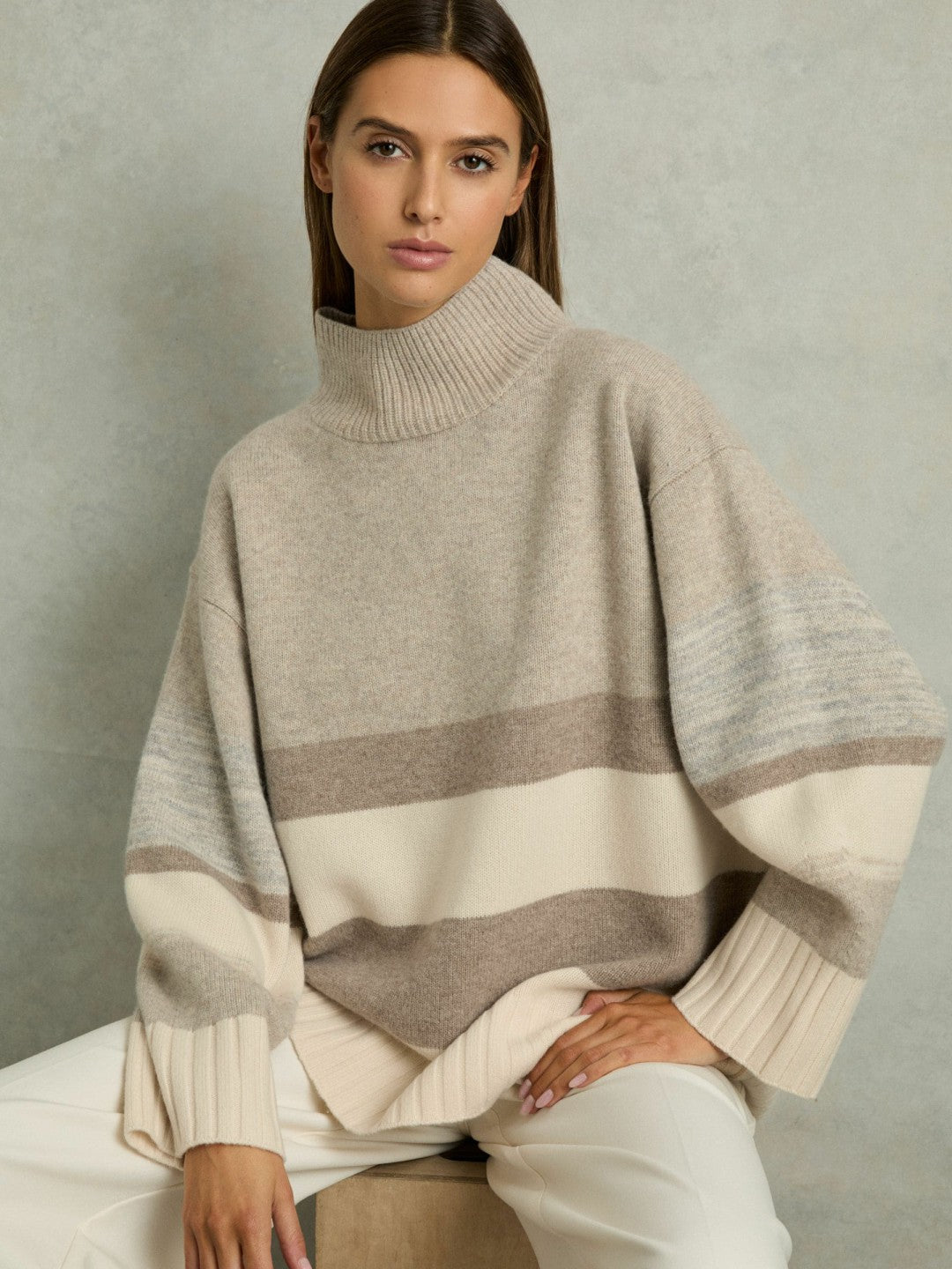Women Wool Funnel-Neck Striped Jumper in Neutral