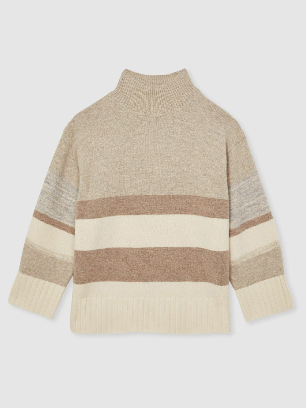 Women Wool Funnel-Neck Striped Jumper in Neutral