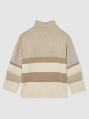 Women Wool Funnel-Neck Striped Jumper in Neutral