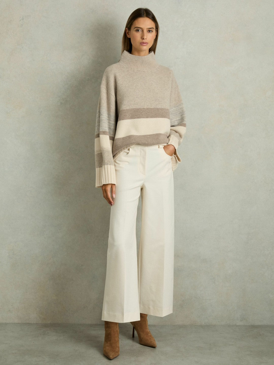 Women Wool Funnel-Neck Striped Jumper in Neutral
