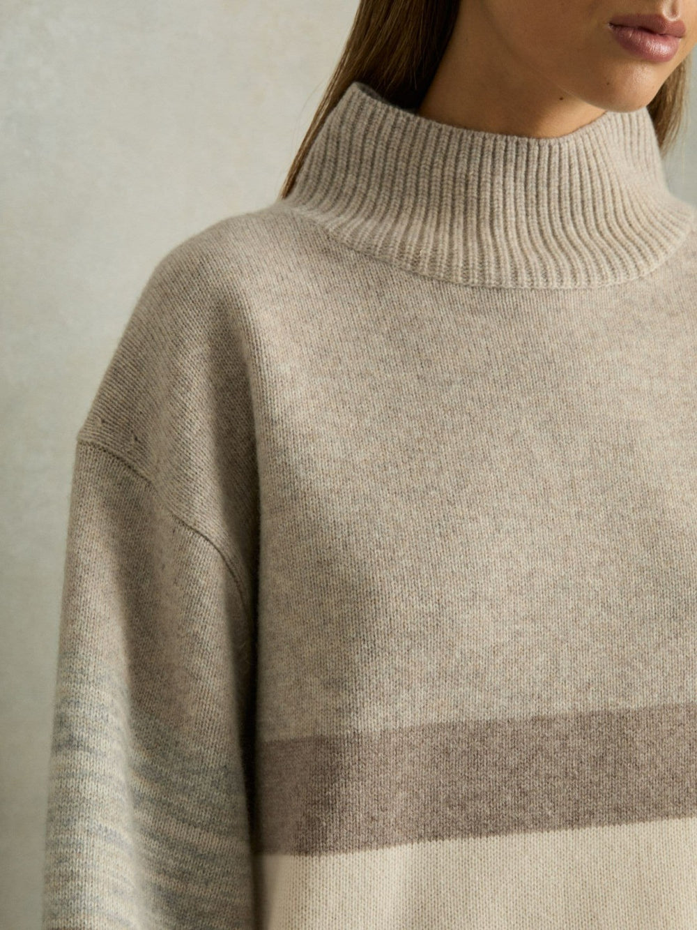 Women Wool Funnel-Neck Striped Jumper in Neutral