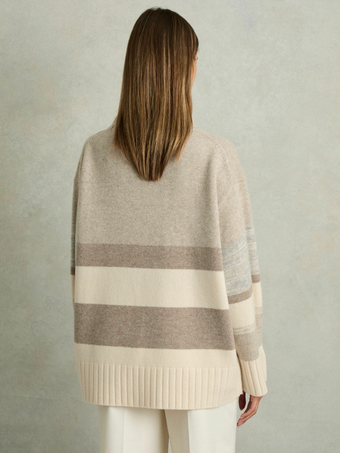 Women Wool Funnel-Neck Striped Jumper in Neutral
