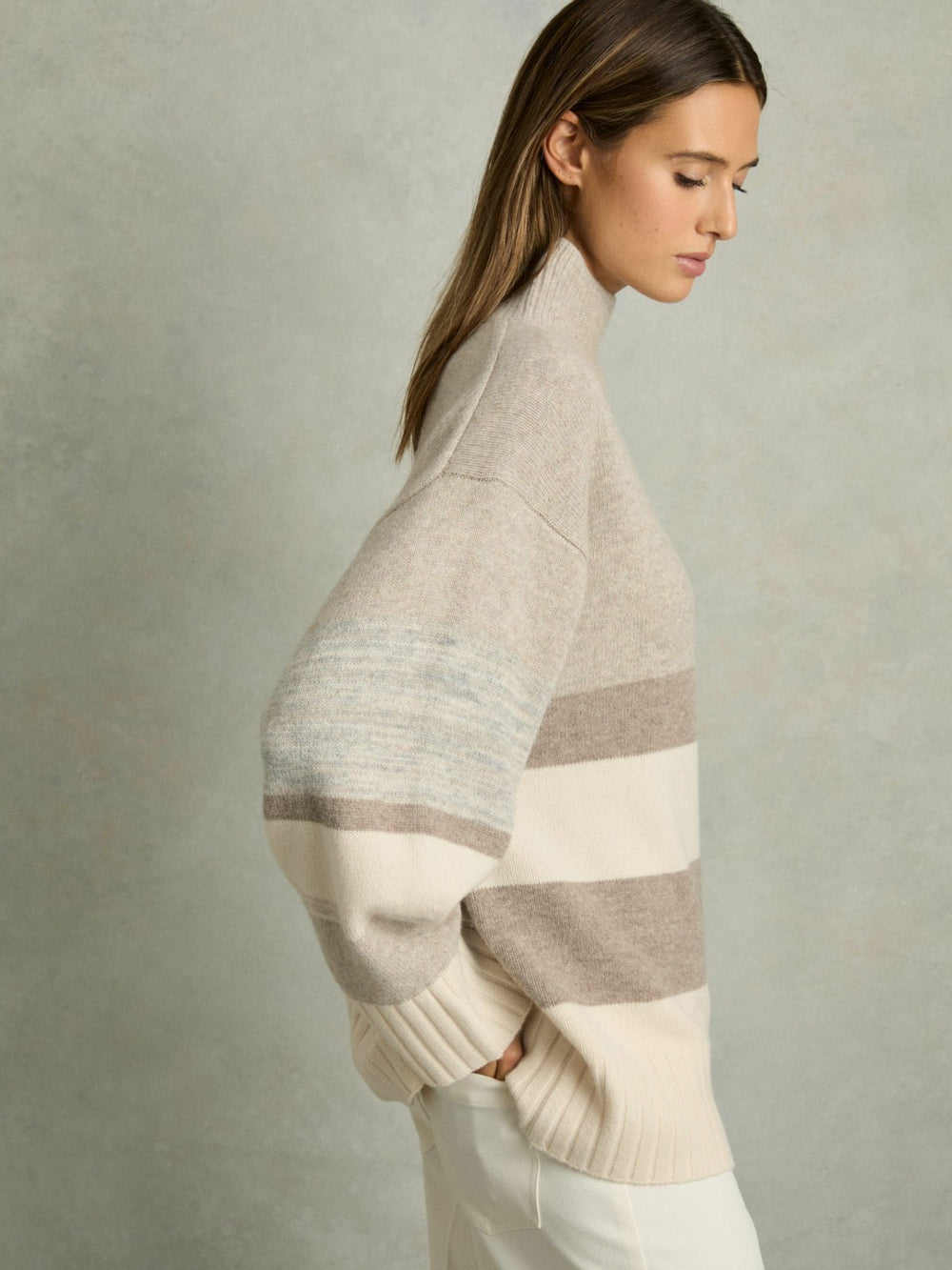 Women Wool Funnel-Neck Striped Jumper in Neutral