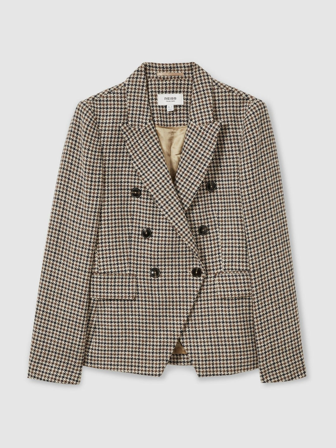 Women Petite Cotton-Linen Double-Breasted Houndstooth-Check Blazer in Navy Neutral Check