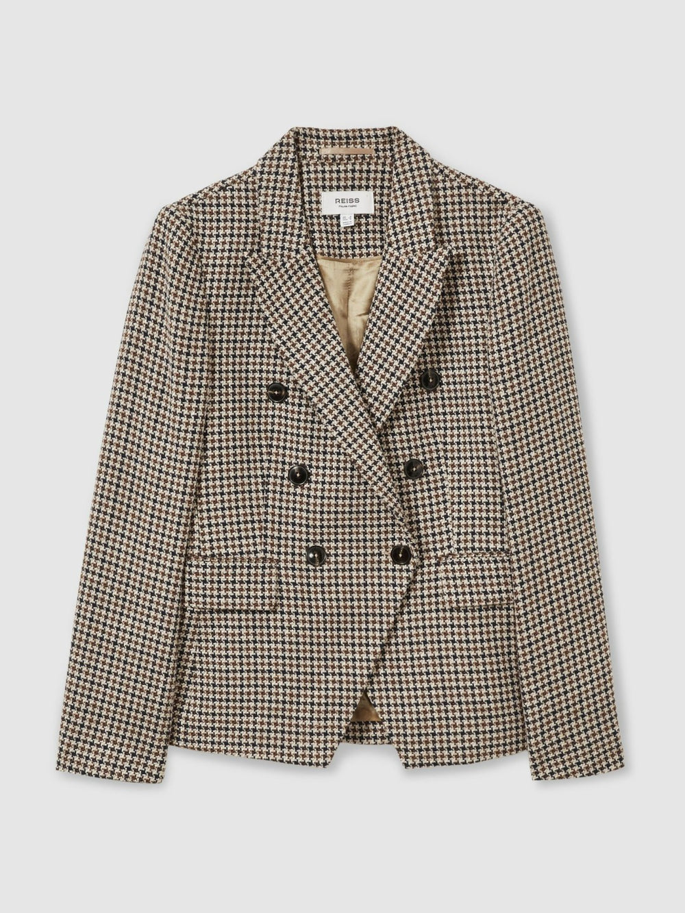 Women Petite Cotton-Linen Double-Breasted Houndstooth-Check Blazer in Navy Neutral Check