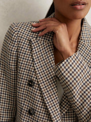 Women Petite Cotton-Linen Double-Breasted Houndstooth-Check Blazer in Navy Neutral Check