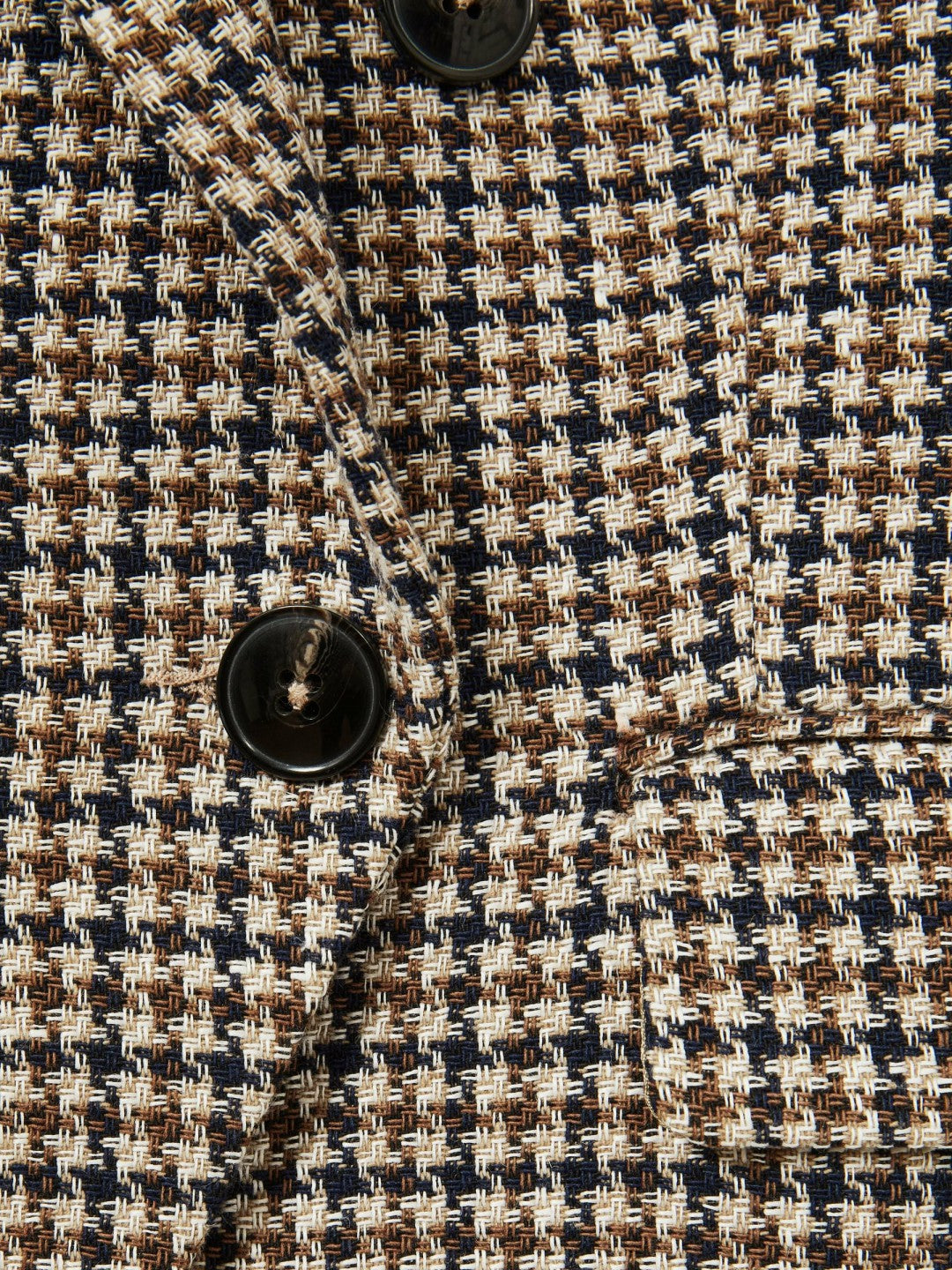 Women Petite Cotton-Linen Double-Breasted Houndstooth-Check Blazer in Navy Neutral Check