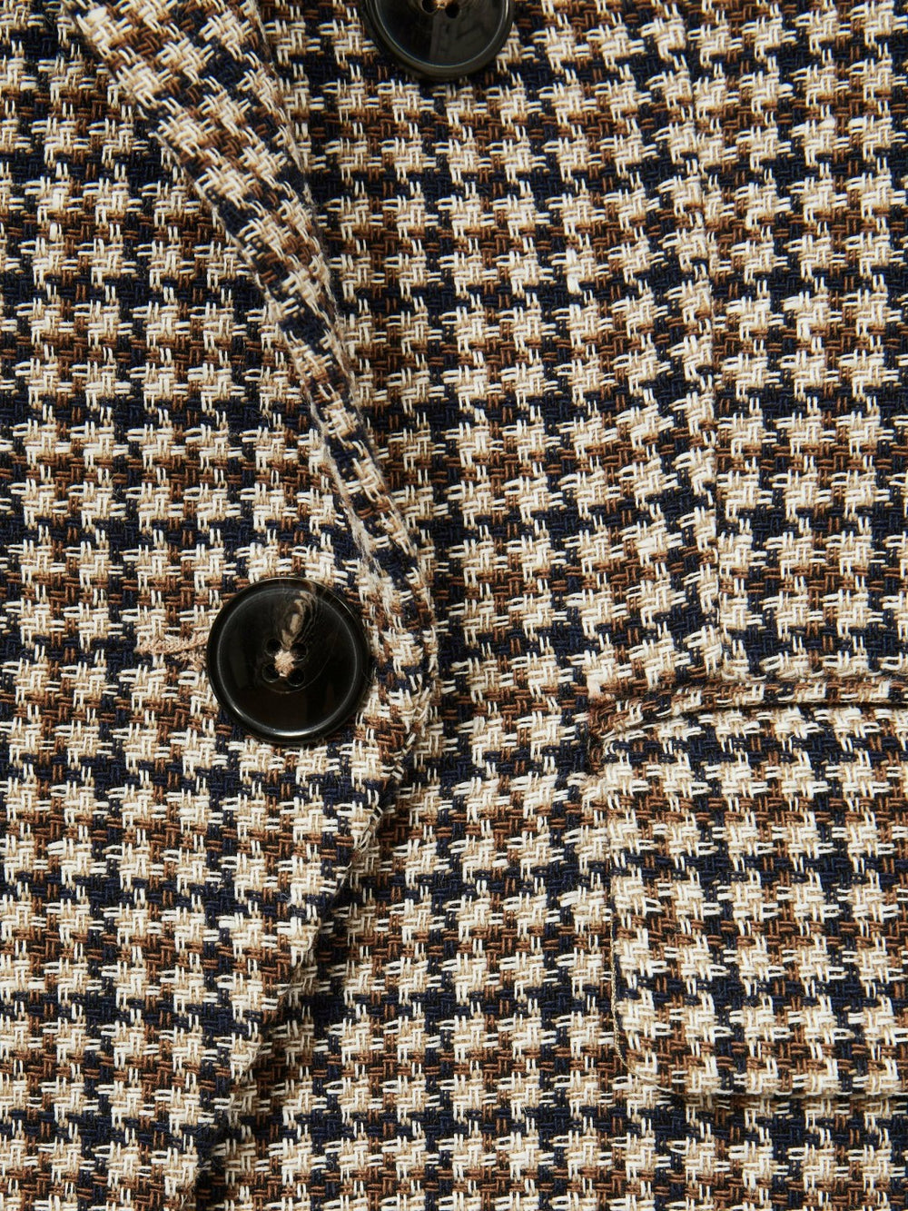 Women Petite Cotton-Linen Double-Breasted Houndstooth-Check Blazer in Navy Neutral Check