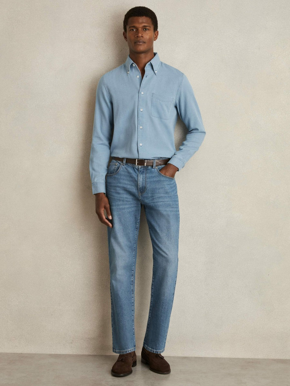 Men Cotton-Piqué Button-Down Chambray Shirt in Washed Blue