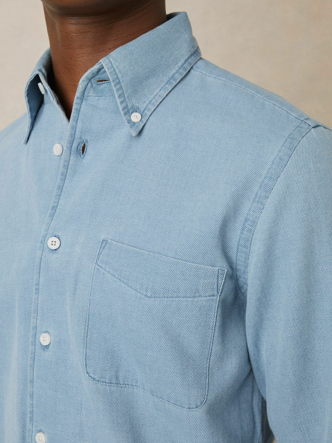 Men Cotton-Piqué Button-Down Chambray Shirt in Washed Blue