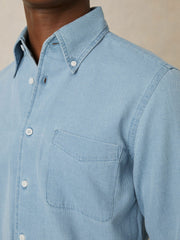 Men Cotton-Piqué Button-Down Chambray Shirt in Washed Blue