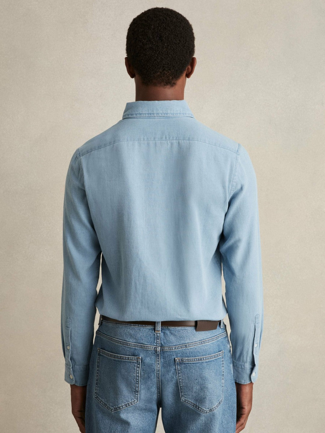 Men Cotton-Piqué Button-Down Chambray Shirt in Washed Blue
