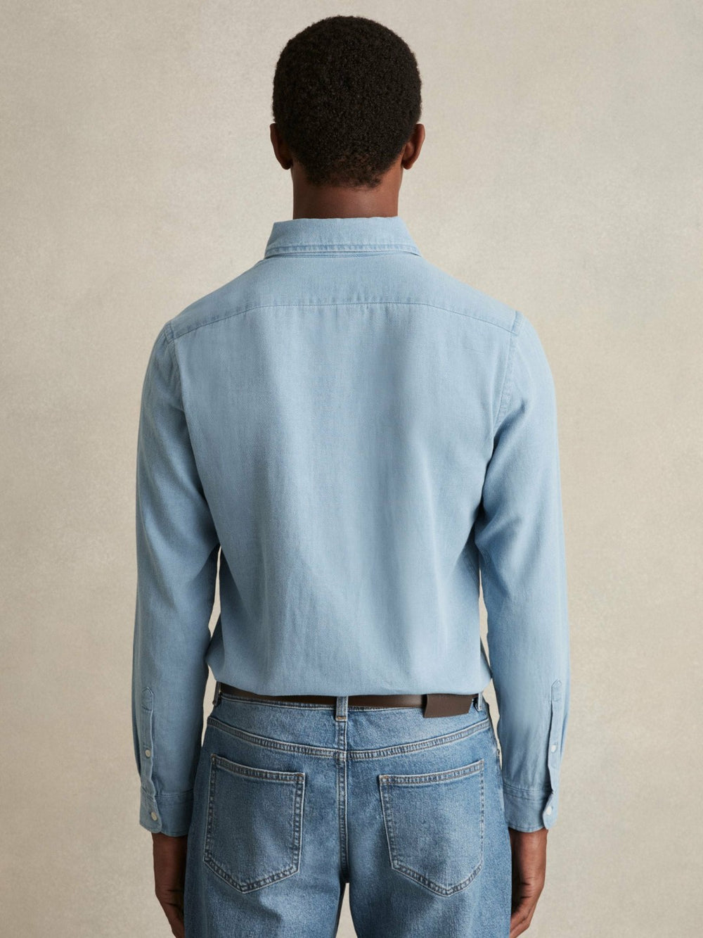 Men Cotton-Piqué Button-Down Chambray Shirt in Washed Blue