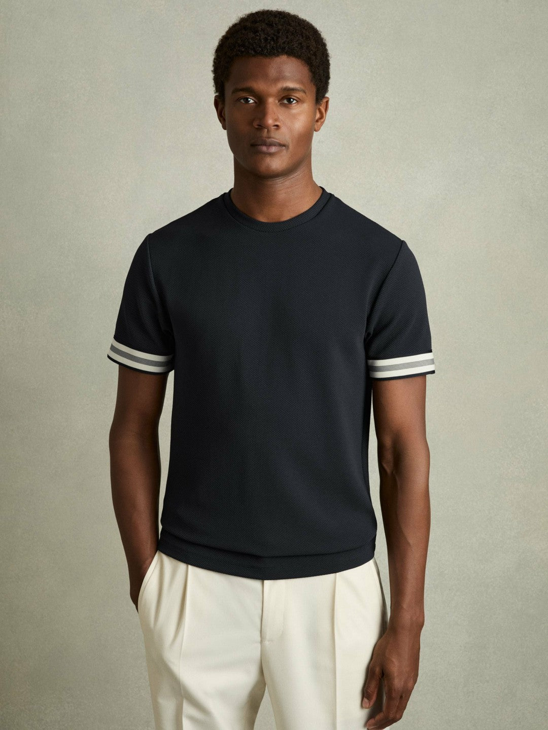 Men Tape-Cuff Textured T-Shirt in Navy