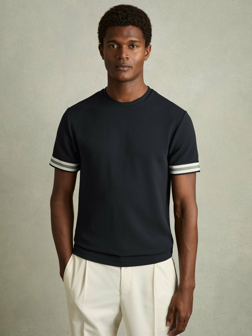 Men Tape-Cuff Textured T-Shirt in Navy