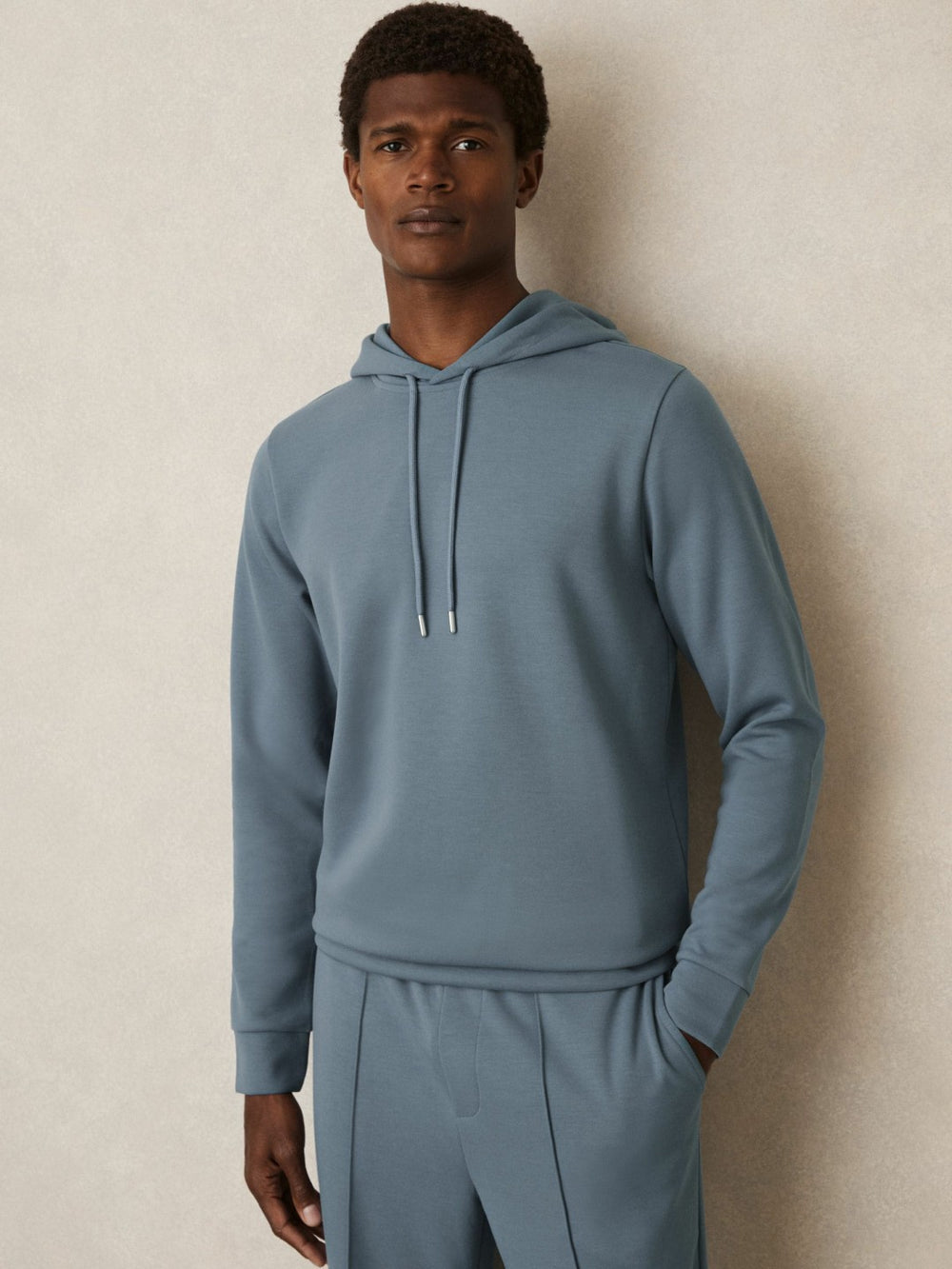 Men Interlock Jersey Drawstring Hoodie in Airforce Blue