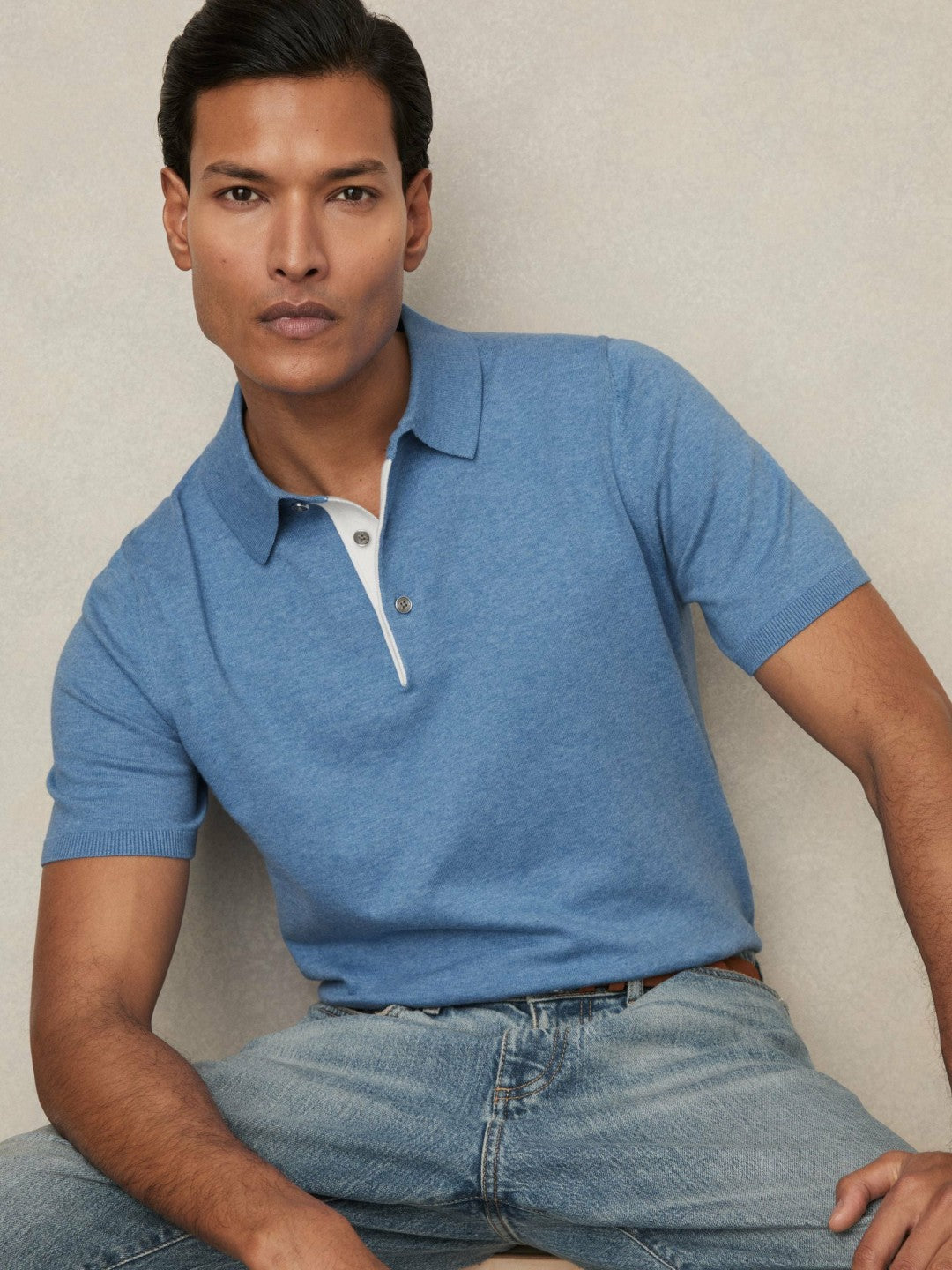 Men Contrast-Placket Polo Shirt With Cotton in Blue