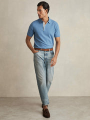Men Contrast-Placket Polo Shirt With Cotton in Blue