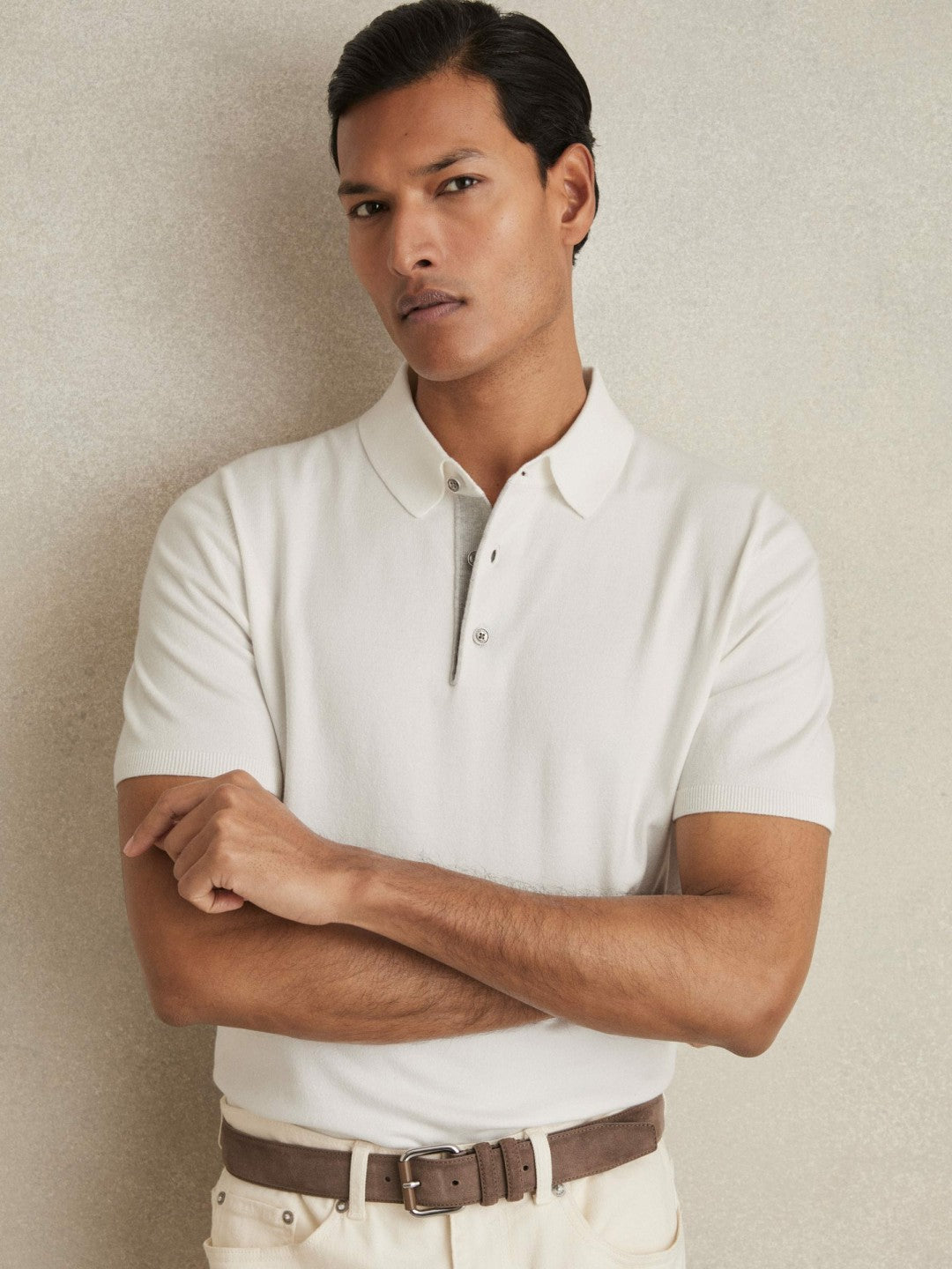 Men Contrast-Placket Polo Shirt With Cotton in White
