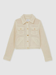 Women Cotton-Blend Textured Trucker Jacket in Neutral