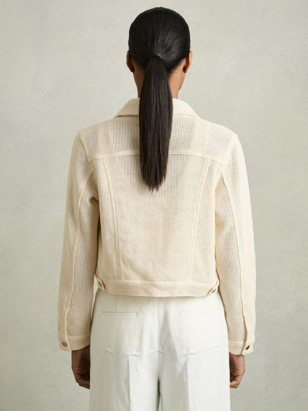 Women Cotton-Blend Textured Trucker Jacket in Neutral