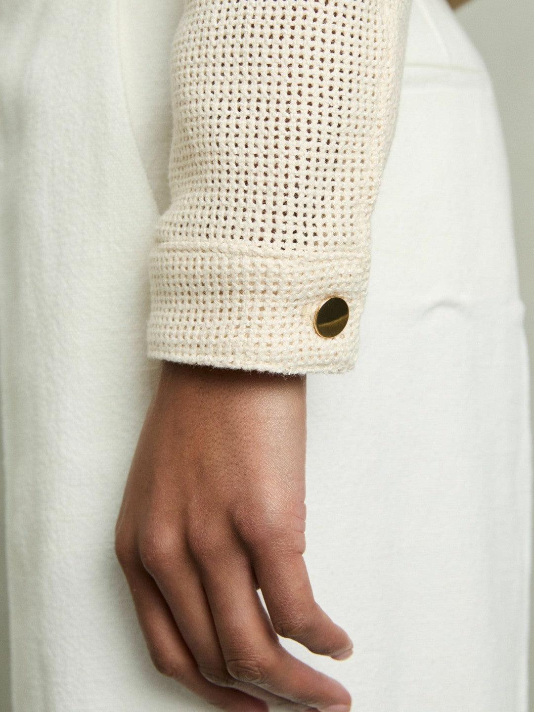 Women Cotton-Blend Textured Trucker Jacket in Neutral