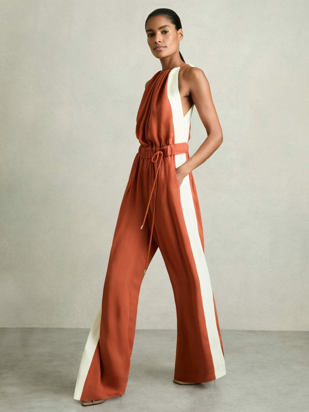 Women Colour-Block Rope-Cord Jumpsuit in Orange