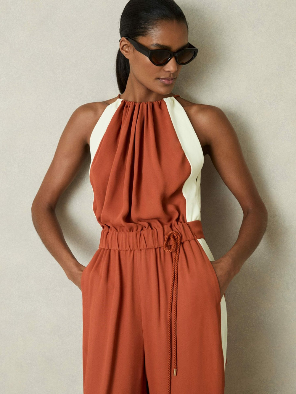 Women Colour-Block Rope-Cord Jumpsuit in Orange
