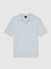 Men Open-Collar Textured Polo Shirt in Soft Blue/White