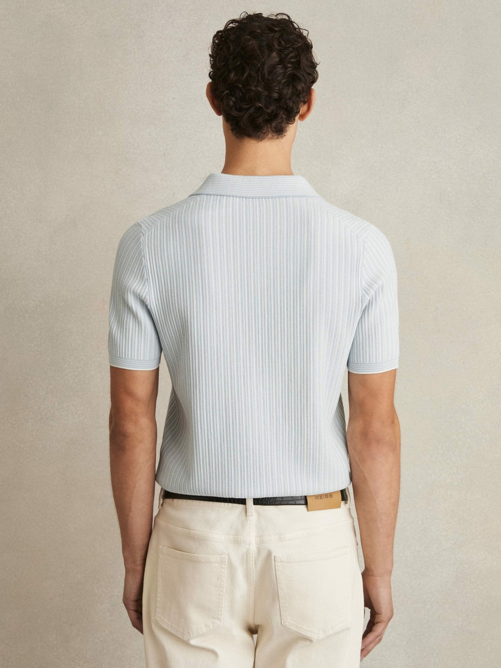 Men Open-Collar Textured Polo Shirt in Soft Blue/White