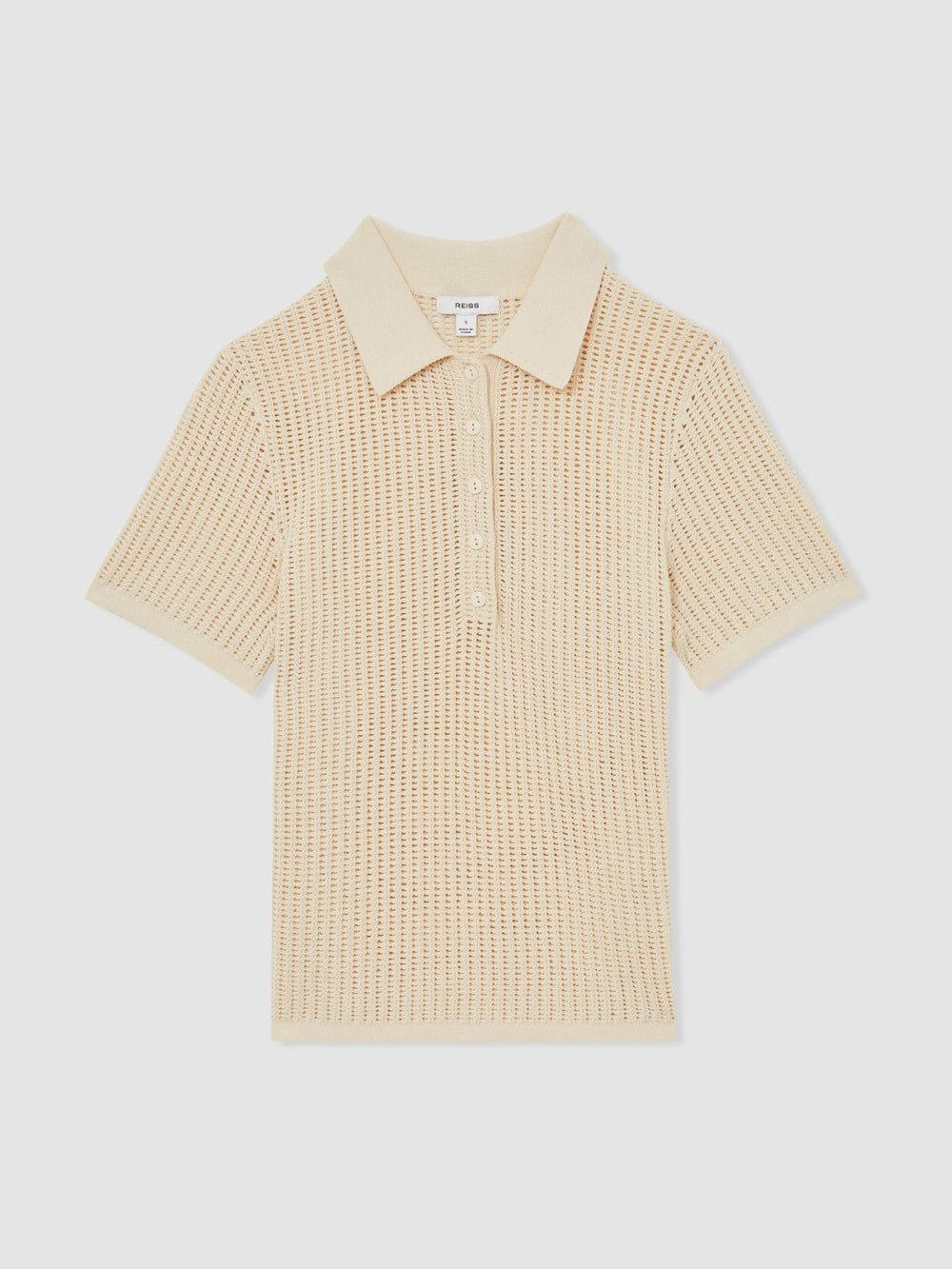 Women Cotton-Blend Open-Knit Polo Shirt in Ivory