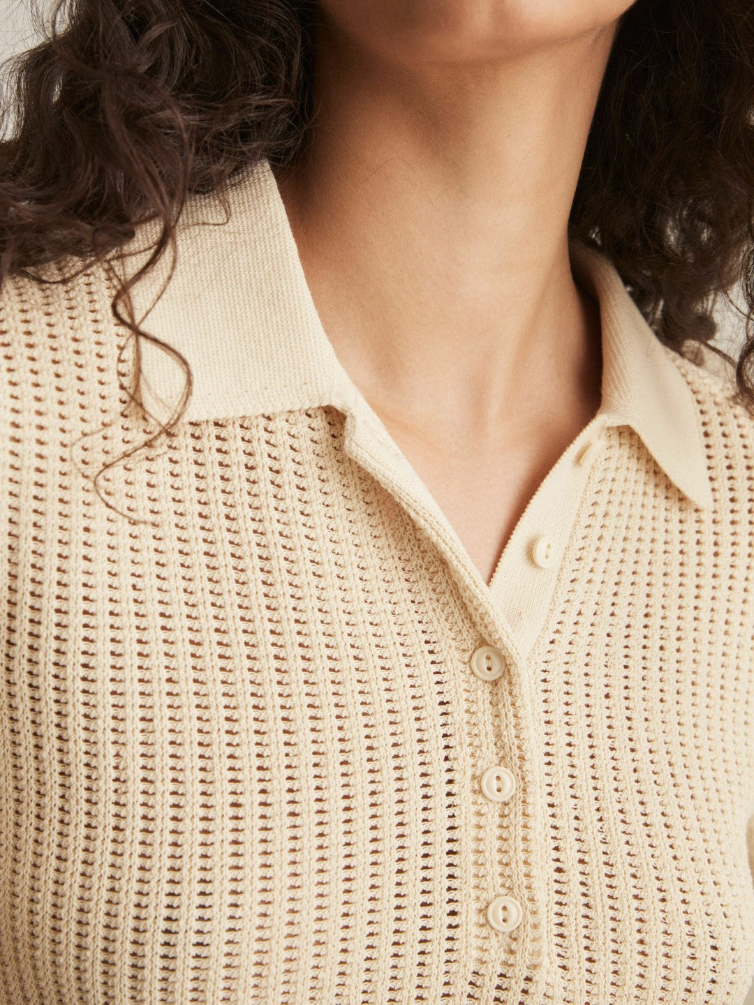 Women Cotton-Blend Open-Knit Polo Shirt in Ivory