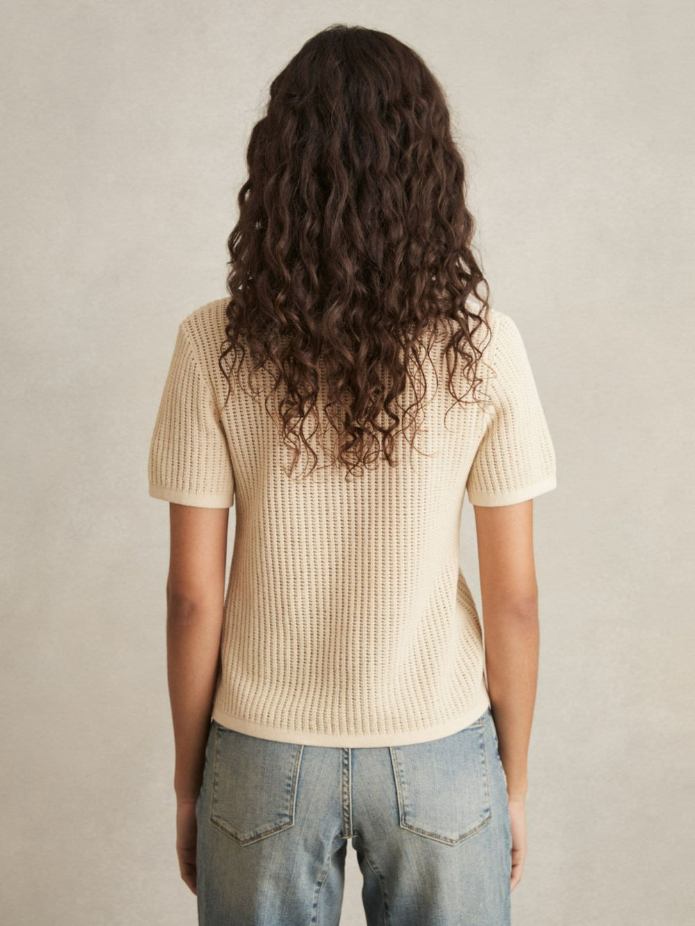 Women Cotton-Blend Open-Knit Polo Shirt in Ivory