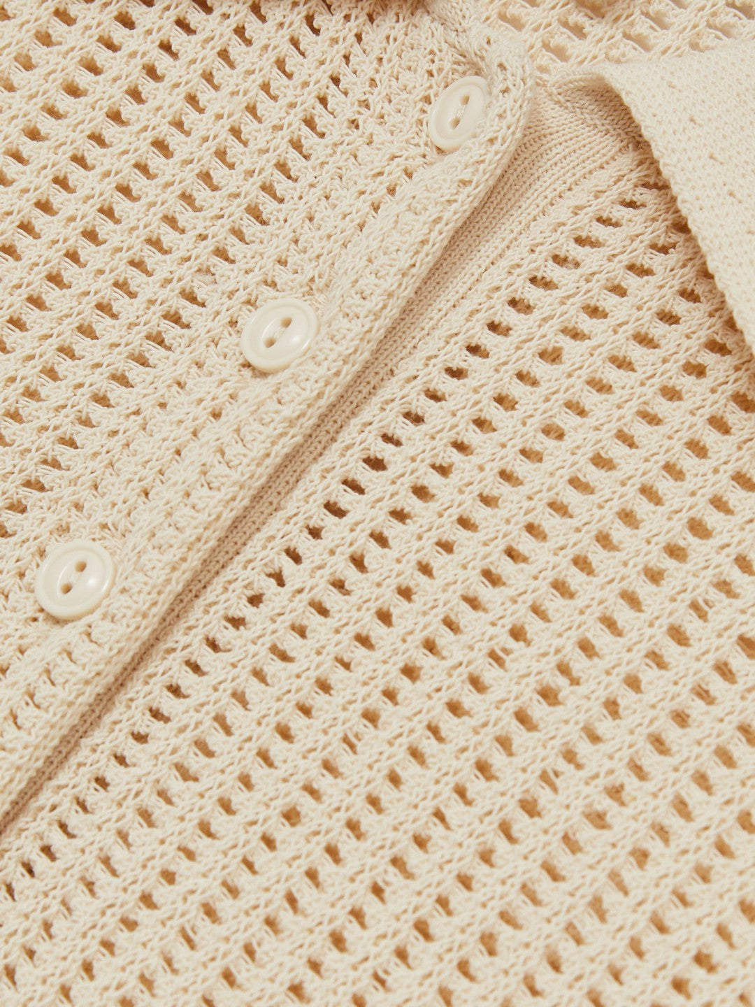 Women Cotton-Blend Open-Knit Polo Shirt in Ivory