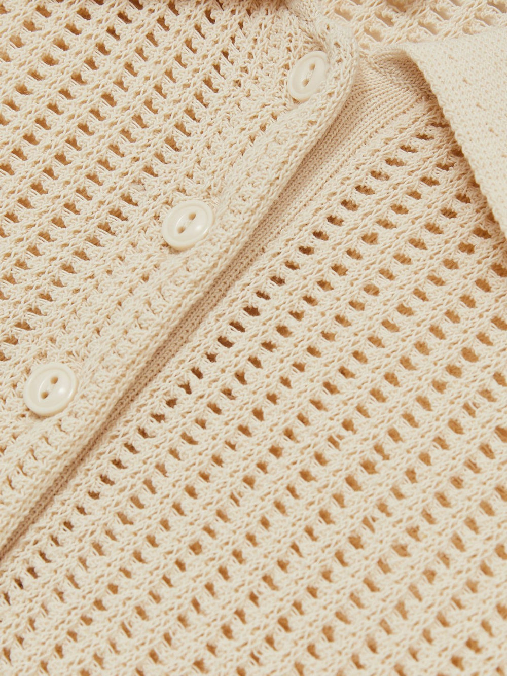 Women Cotton-Blend Open-Knit Polo Shirt in Ivory