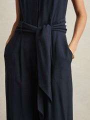 Women Wide-Leg Belted Jumpsuit in Navy