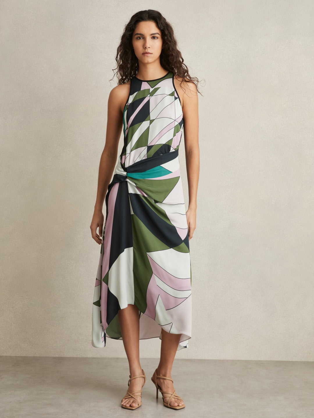 Women Geometric-Print Gathered Midi Dress in Green