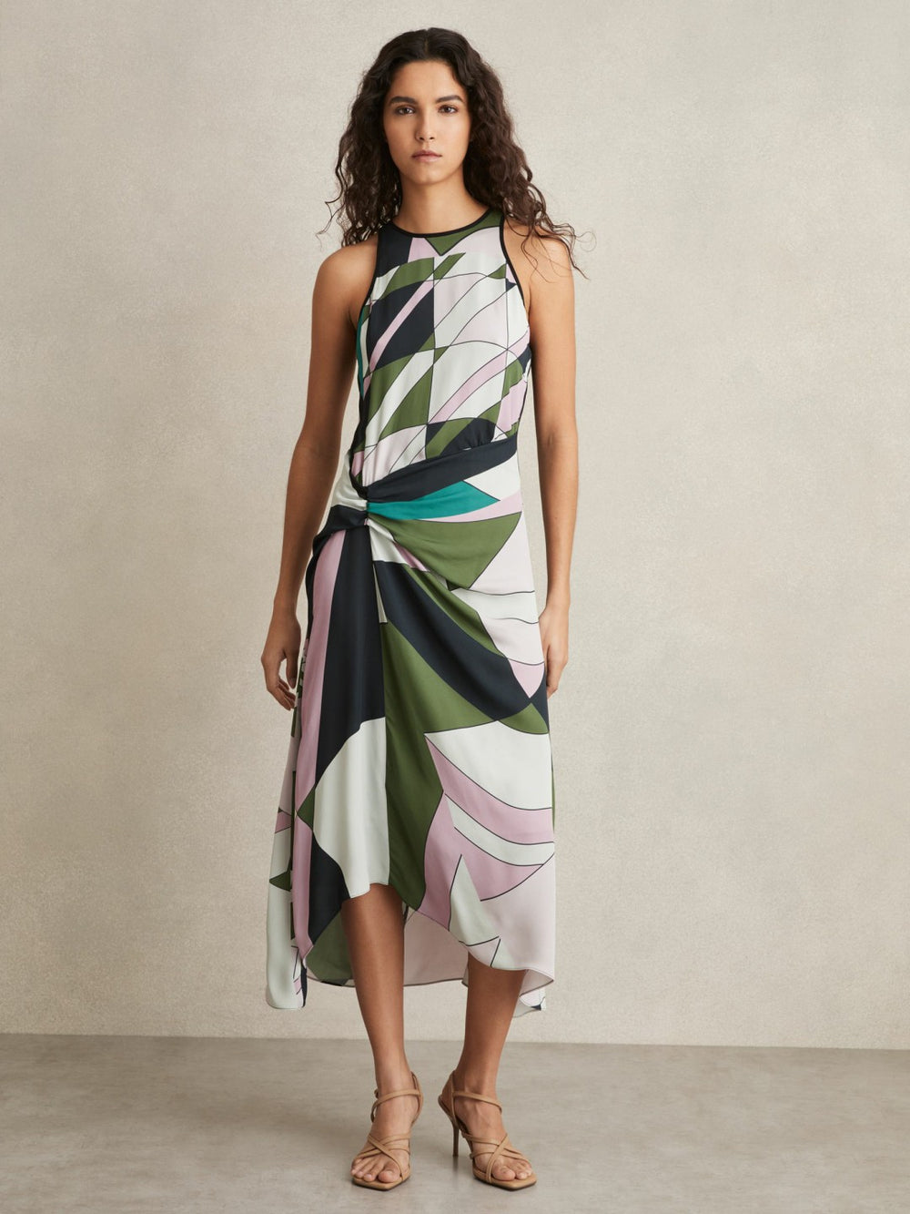 Women Geometric-Print Gathered Midi Dress in Green