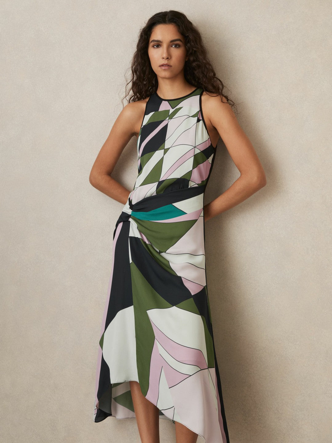 Women Geometric-Print Gathered Midi Dress in Green