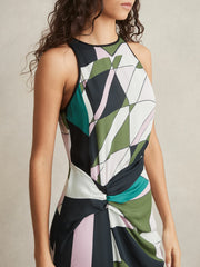 Women Geometric-Print Gathered Midi Dress in Green